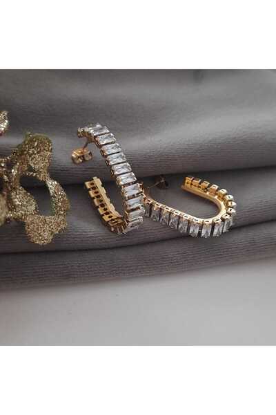 Betül Çekiç Çelik Taşlı Oval Gold Renk Kadın Küpe