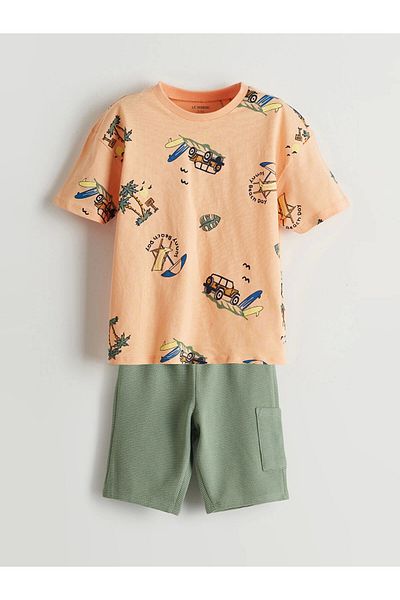 LC Waikiki Mercan Printed T-Shirt and Shorts with Elastic Waist 2-Piece