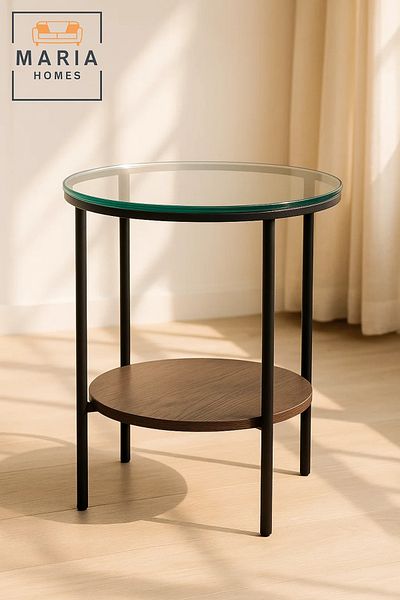 MARIA HOMES Round Glass Top Side Table with Dark Wood Shelf and Black Metal Frame
