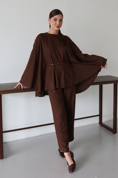 Laluvia Brown Beaded Belted Cape Suit - 8693