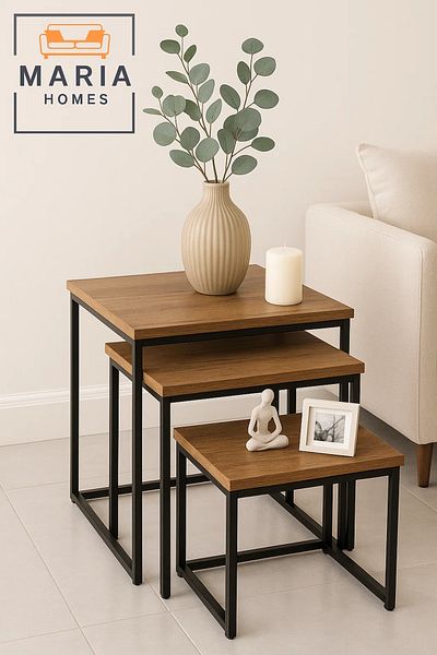 MARIA HOMES Square 3-Piece Nesting Table Set in Rustic Wood Finish
