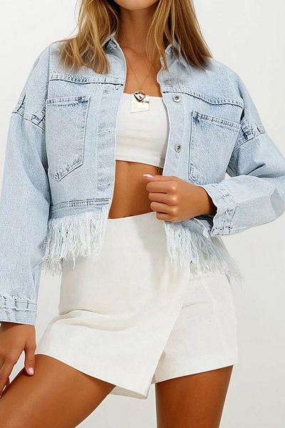 VAGGON Women's Ice Blue Snow Washed Antique Tasseled Double Pocket Crop Jean Jacket Prmx11685