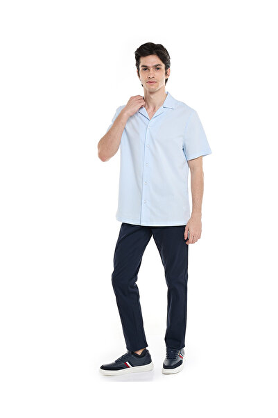 R&B Striped Shirt with Revere Collar and Short Sleeves
