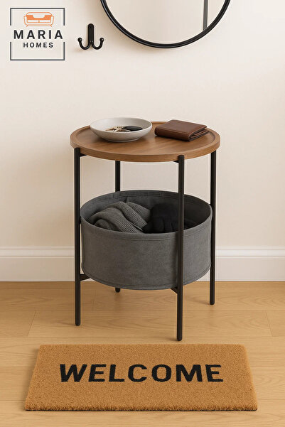 MARIA HOMES طاولة عرض مستديرة مدمجة بلمسة نهائية من الحجر الداكن وأرجل سوداء قصيرة