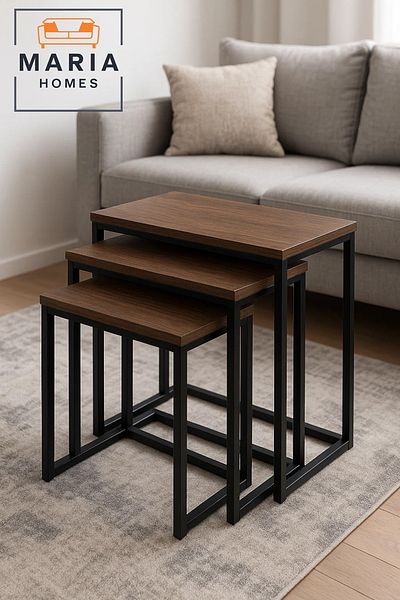 MARIA HOMES Set of 3 Rectangular Nesting Tables with Wood Tops and Black Frames