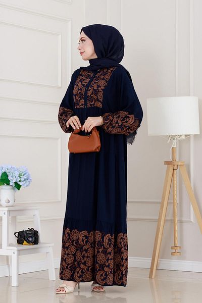 Sevitli Half Button Robe Beyza Dress-Navy Blue