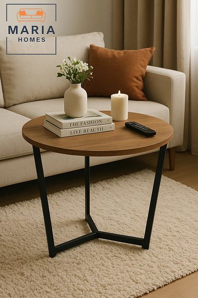 MARIA HOMES Round Wood Top Side Table with Y-Base Black Frame