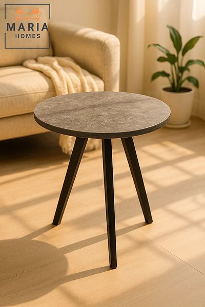 MARIA HOMES Round Side Table with Stone-Look Top and Black Angled Legs – Modern Style
