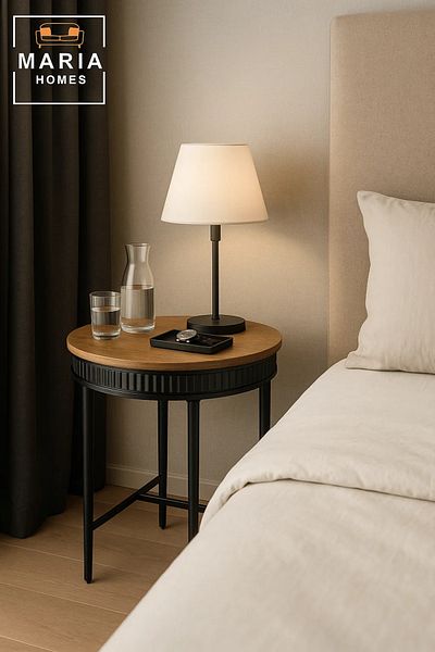 MARIA HOMES Round Wooden Side Table with Ribbed Black Edge and Cross-Leg Support