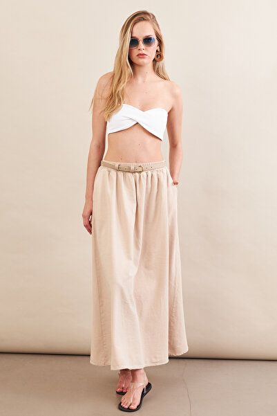 Cool & Sexy Women's Stone Linen Pocket Midi Skirt Rsp4440