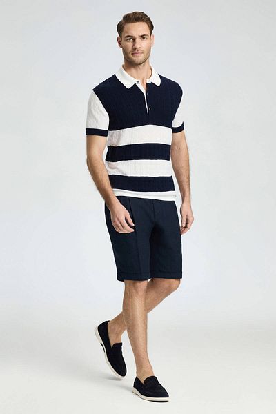 Hemington Navy Blue Button Collar Hair Knit Mercerized Cotton Knitwear Polo