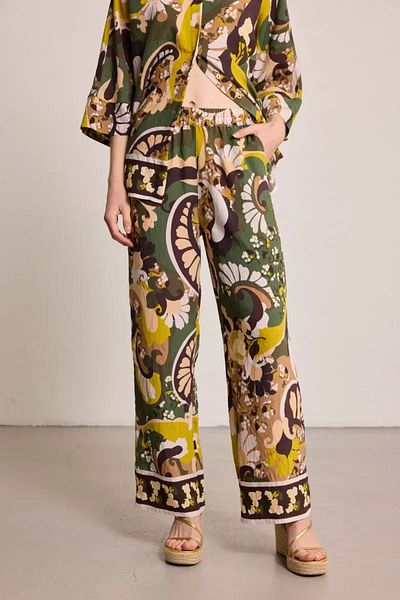 Gusto Elastic Waist Viscose Blended Patterned Trousers - Khaki
