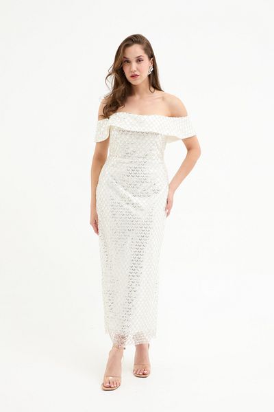 Lafaba Women's White Boat Neck Sequin Midi Evening Dress