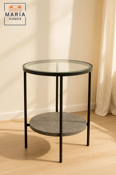 MARIA HOMES Round Glass Side Table with Stone Shelf and Black Metal Frame