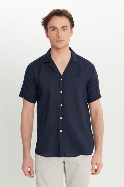 ALTINYILDIZ CLASSICS Men's Navy Blue Linen Comfort Fit Relaxed Cut Hawaiian Collar Shirt