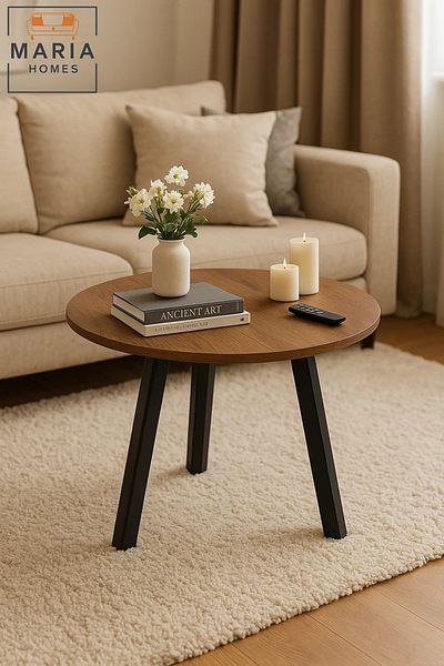 MARIA HOMES Minimalist Round Side Table with Wooden Top and Sturdy Black Legs