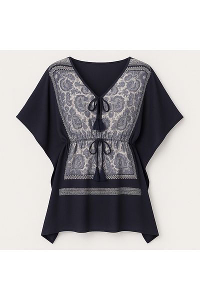 VAGGON Women's Navy Blue Ethnic Patterned Oversize Tie Blouse Prmx11826