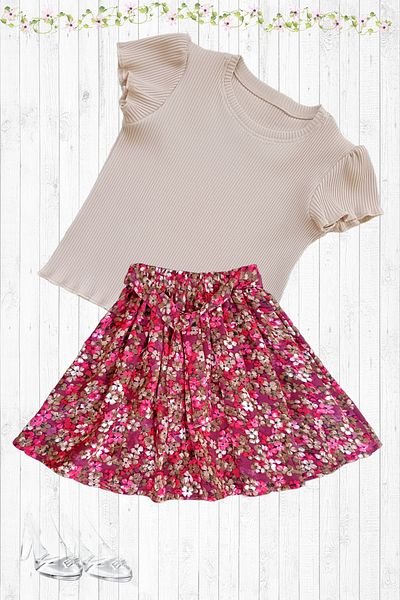 MODA59 Girl's Skirt Suit, Skirt T-Shirt Suit, Floral Skirt Twill Ecru T-Shirt