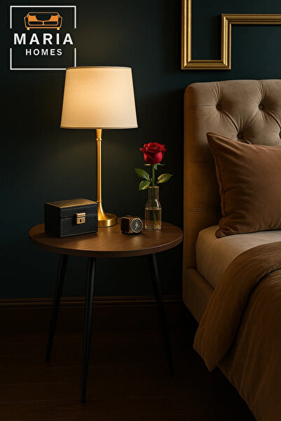 MARIA HOMES Round Dark Wood Side Table with Slim Black Metal Legs