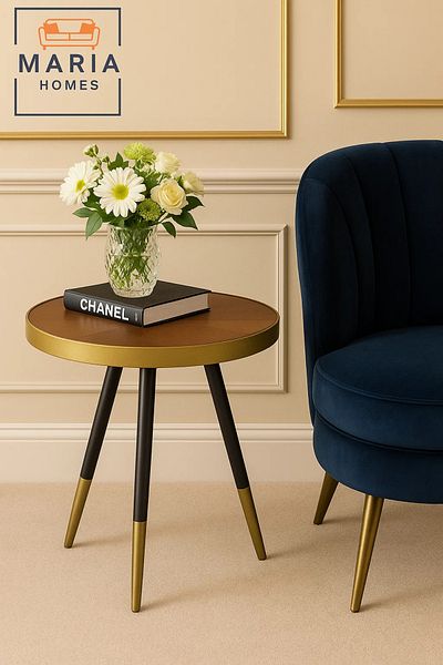 MARIA HOMES Tripod Round Side Table with Gold and Walnut Finish