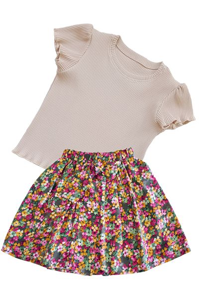 MODA59 Girl's Skirt Suit, Floral Patterned Skirt - Light Brown/Beige Color Ribbed T-Shirt