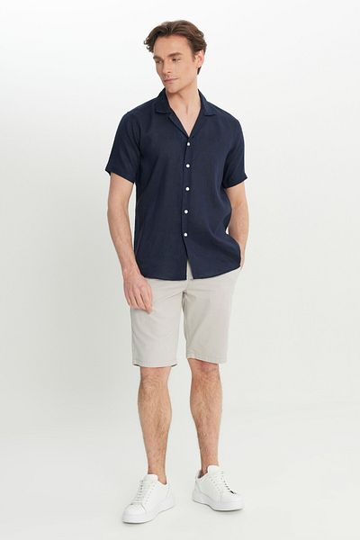 ALTINYILDIZ CLASSICS Men's Navy Blue Linen Comfort Fit Relaxed Cut Hawaiian Collar Shirt