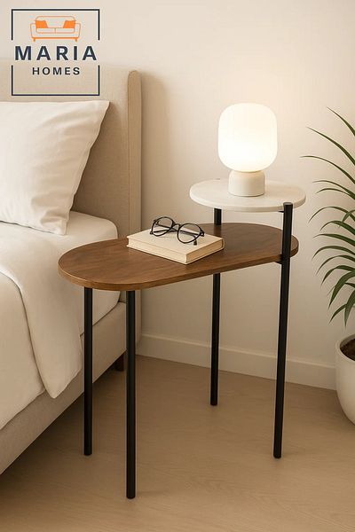 MARIA HOMES Two-Tier Side Table with Wood and White Marble Top – Stylish Contrast Design
