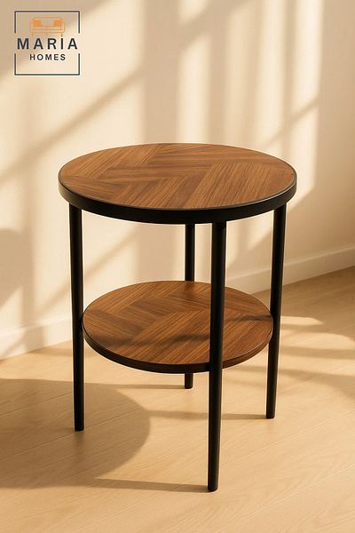 MARIA HOMES Round Wooden Side Table with Shelf – Herringbone Pattern & Black Frame