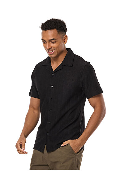 R&B Striped Shirt with Revere Collar and Short Sleeves