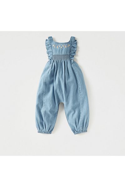 Juniors Floral Embroidered Denim Dungaree with Ruffles