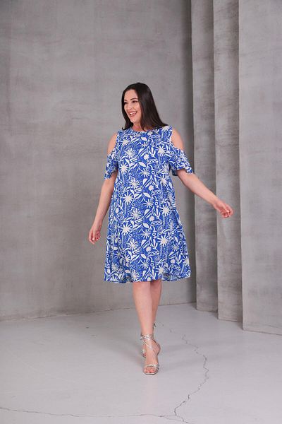 Ebsumu Women's Plus Size Off Shoulder Printed Woven Blue Dress