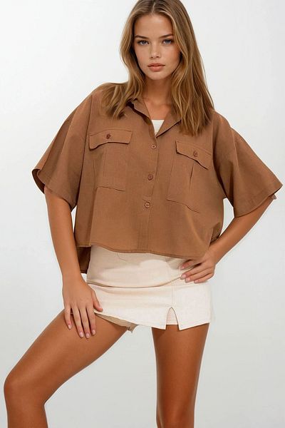 VAGGON Women's Caramel Double Pocket Half Sleeve Linen Shirt Prmx9991