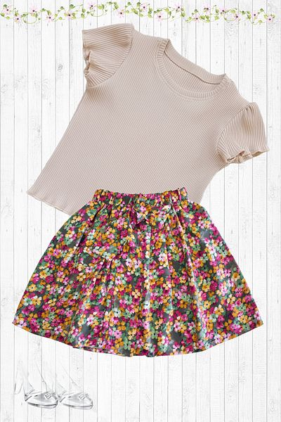 MODA59 Girl's Skirt Suit, Floral Patterned Skirt - Light Brown/Beige Color Ribbed T-Shirt