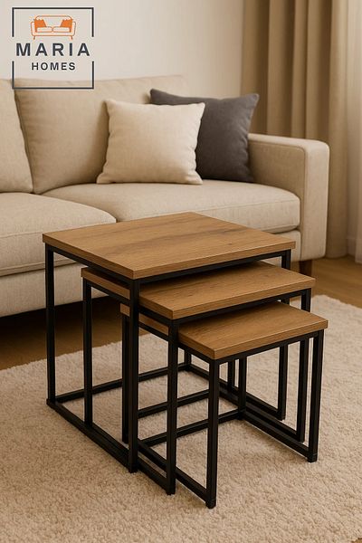 MARIA HOMES Square 3-Piece Nesting Table Set in Rustic Wood Finish