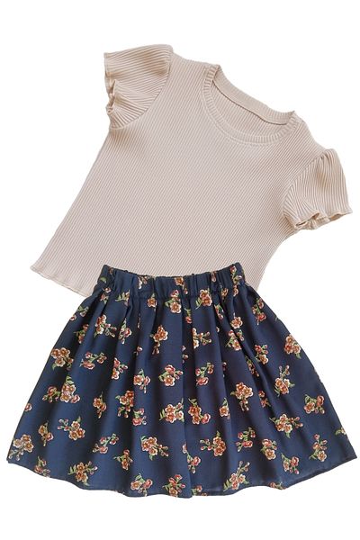MODA59 Girl's Skirt Suit, Skirt T-Shirt Suit, Floral Skirt Twill Ecru T-Shirt