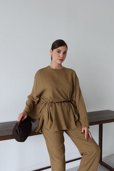 Laluvia Khaki Beaded Belted Cape Suit - 8693