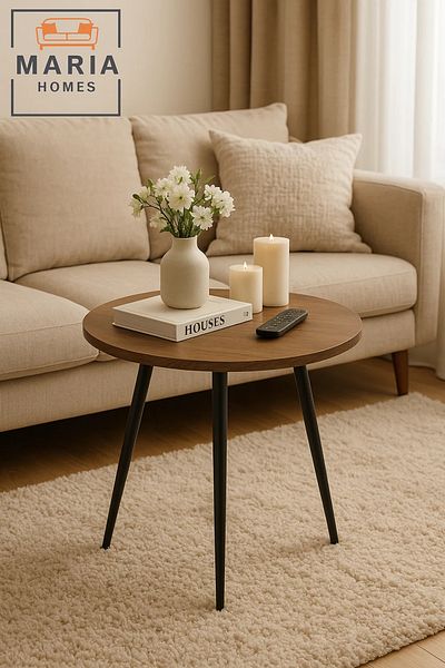 MARIA HOMES Round Light Wood Side Table with Black Tapered Legs