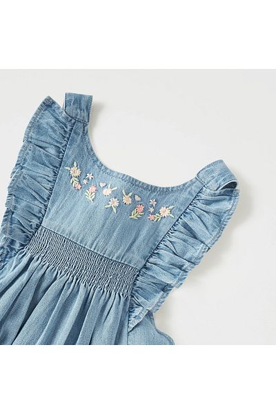Juniors Floral Embroidered Denim Dungaree with Ruffles