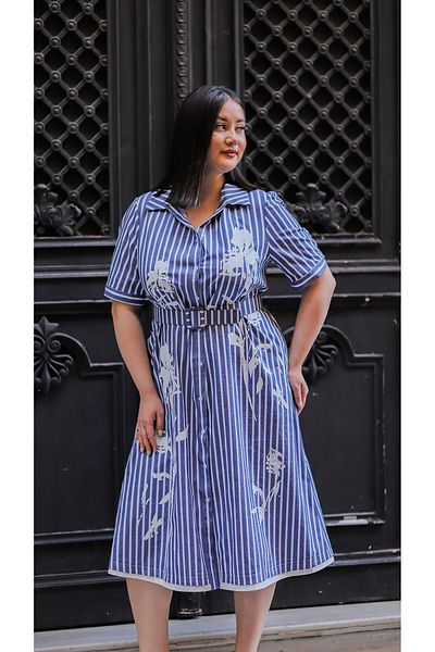 LAMAZONEEXXEN Women's Belted Buttoned Striped Floral Print Shirt Dress - Blue