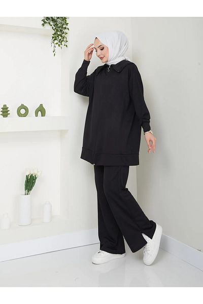 VOLT CLOTHİNG Kadın Paçası Yırtmaçlı Fermuar Yaka Detaylı Pantolonlu Tesettür Takım