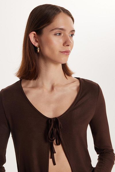 Tudors Women's Regular Fit Long Sleeve U Neck Lacing Detailed Viscose Brown Cardigan