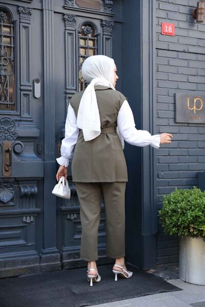 N.S NEVA STYLE Yelekli Haki Tesettür Üçlü Takım 6169HK