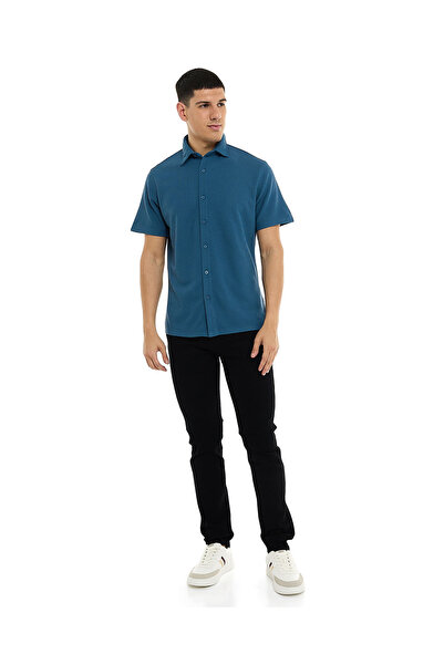 R&B Textured Shirt with Classic Collar and Short Sleeves