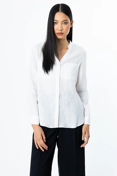 Ekol Women's Judge Collar Buttoned Linen Blouse 3134 Ecru