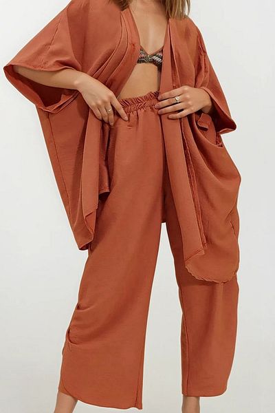 VAGGON Women's Cinnamon Leg Slit Self-Textured Trousers and Jacket Double Suit Vgn-752-001