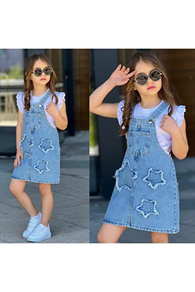 pırıltı kids Kız Çocuk Yıldız Nakışlı Kot Jile Tişört Takım