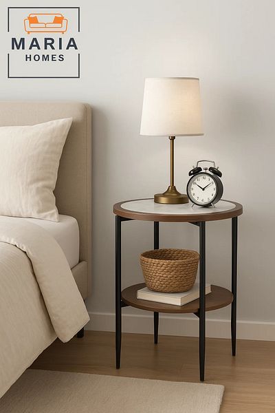 MARIA HOMES Round Side Table with White Marble-Inspired Top and Wooden Shelf