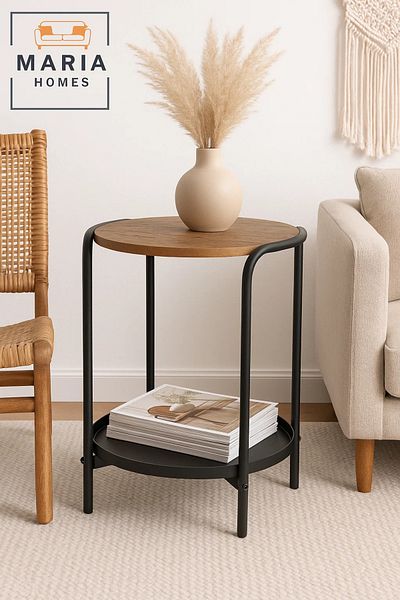 MARIA HOMES Round Side Table with Wood Top and Black Metal Frame with Tray Shelf