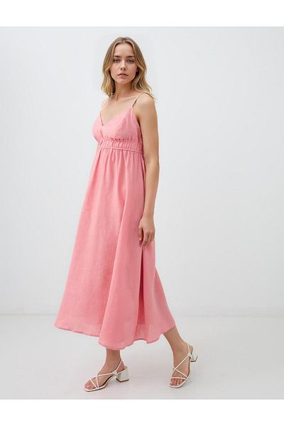 Jimmy Key Pink 100% Linen Strap V-Neck Midi Dress