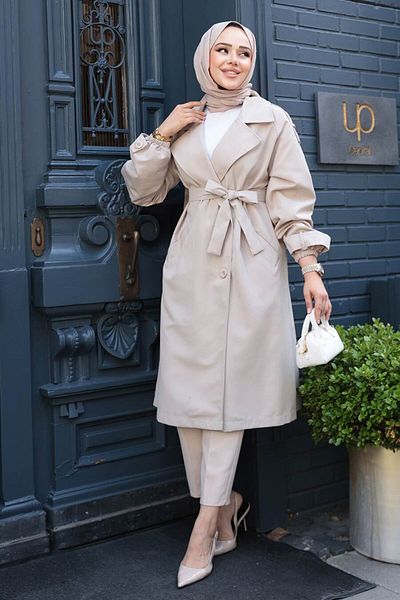 N.S NEVA STYLE Ζώνη Μπεζ Hijab Trench Coat 62181BEJ
